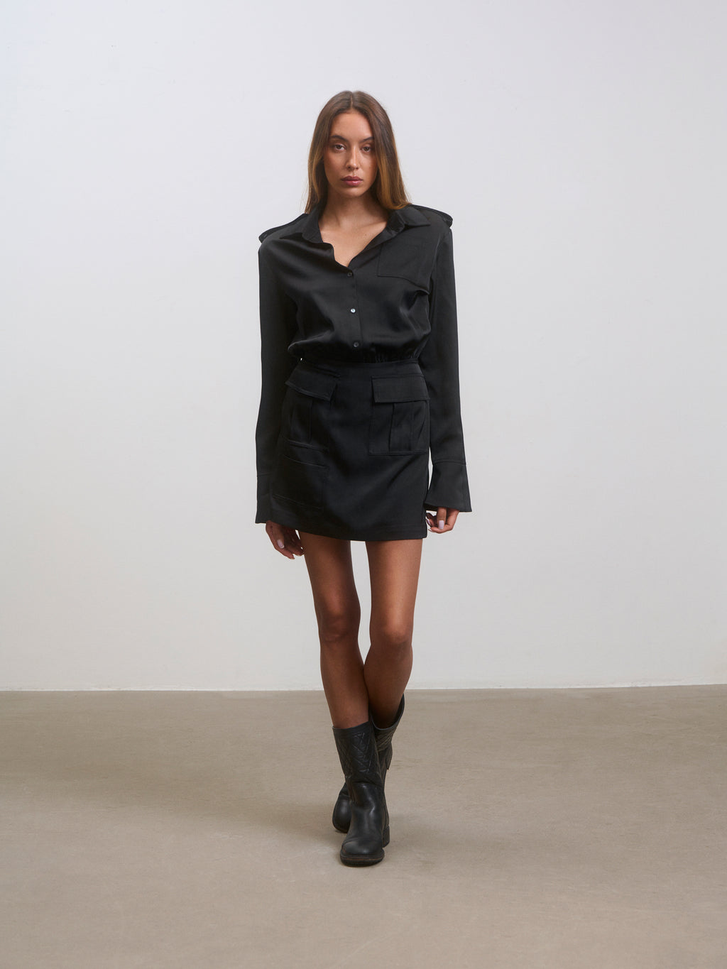 Satin Shirt Dress Black