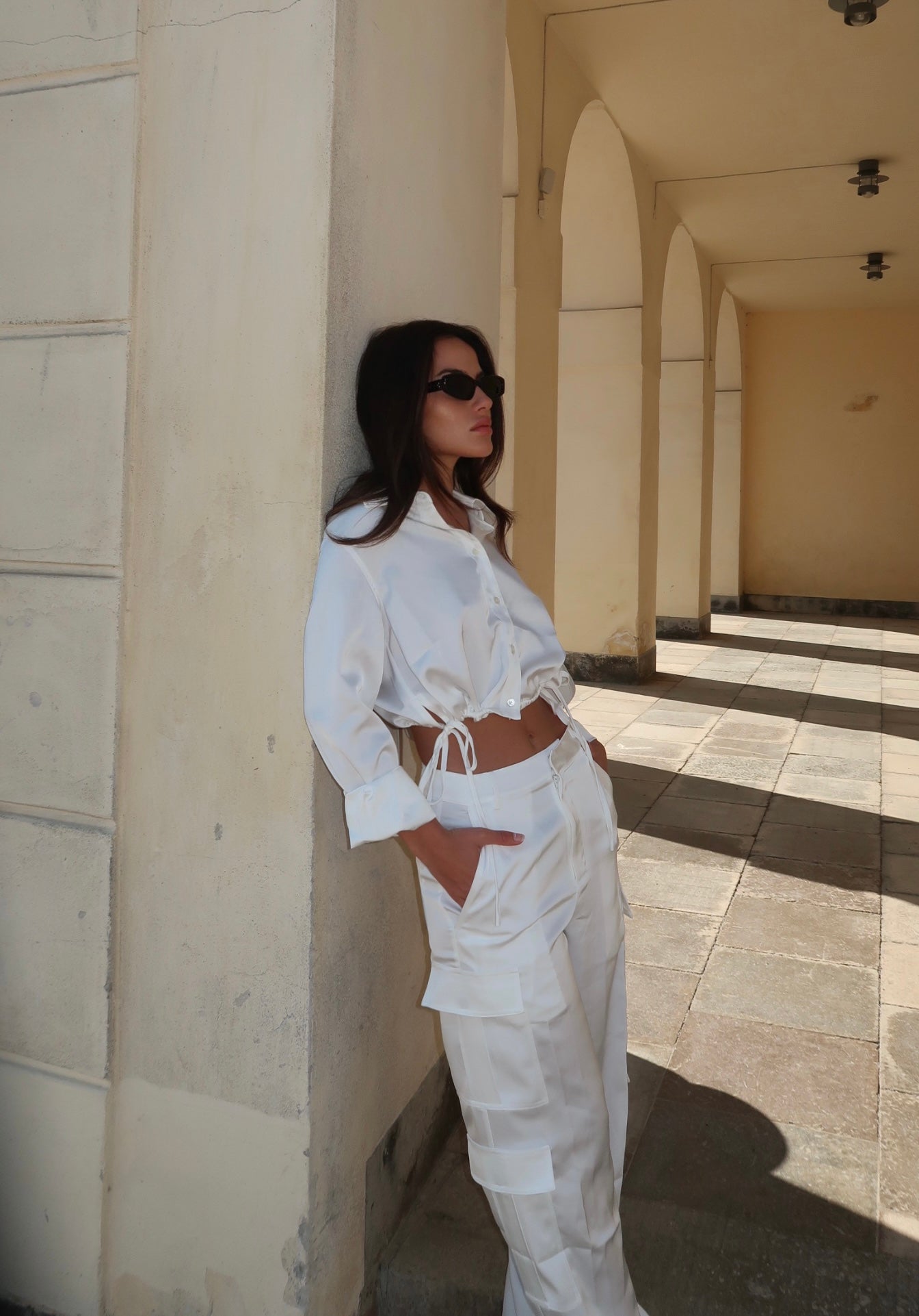 Satin Cargo Pants White