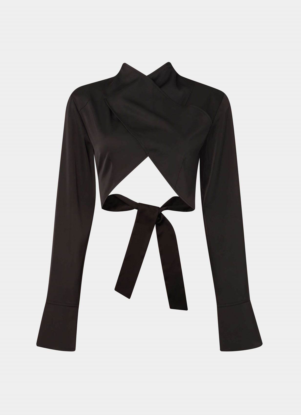 cloeys black satin draped top cropped wraparound long sleeves bell cuffs