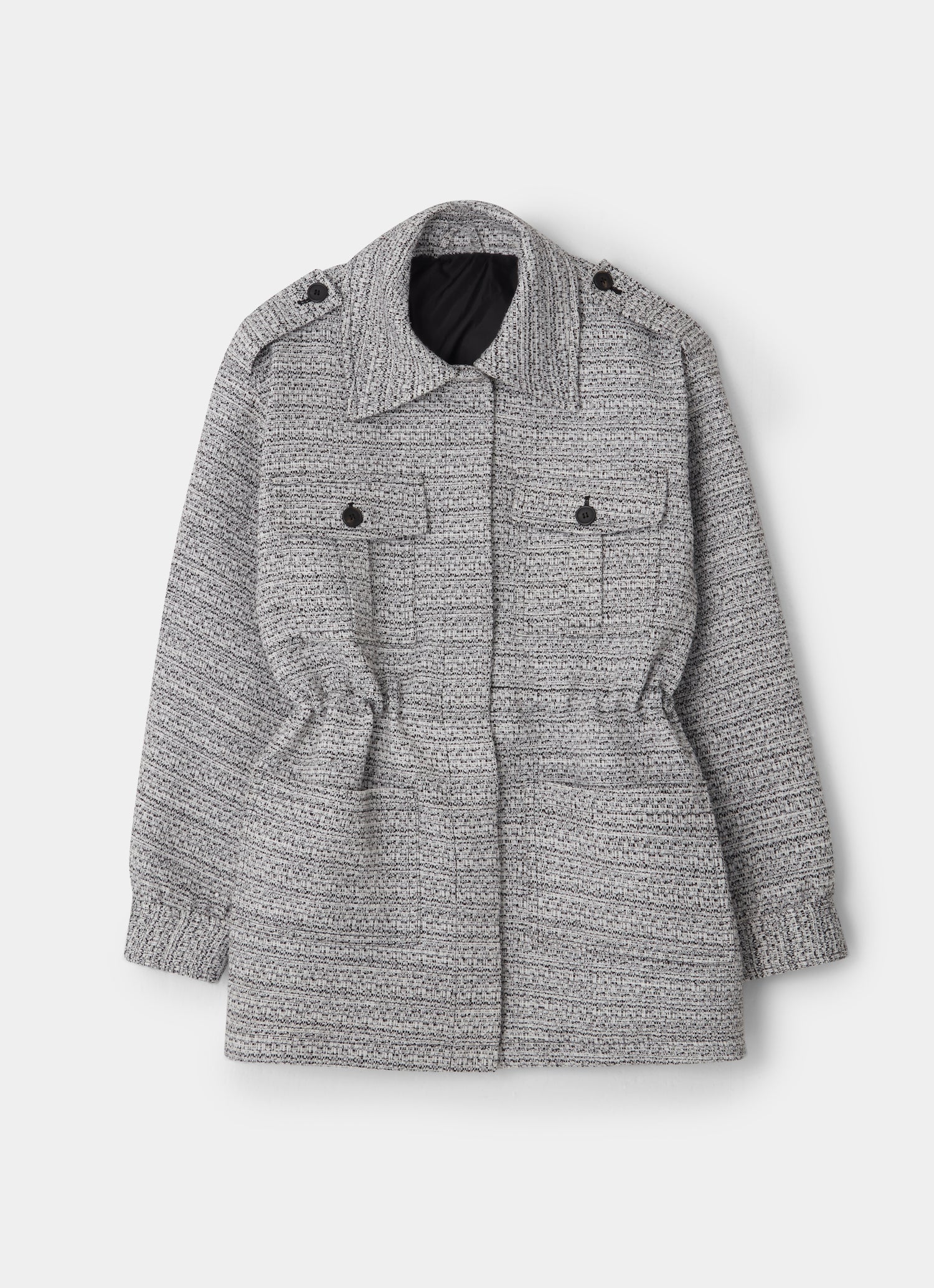 black and white tweed jacket with drawstring front