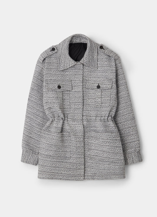 black and white tweed jacket with drawstring front