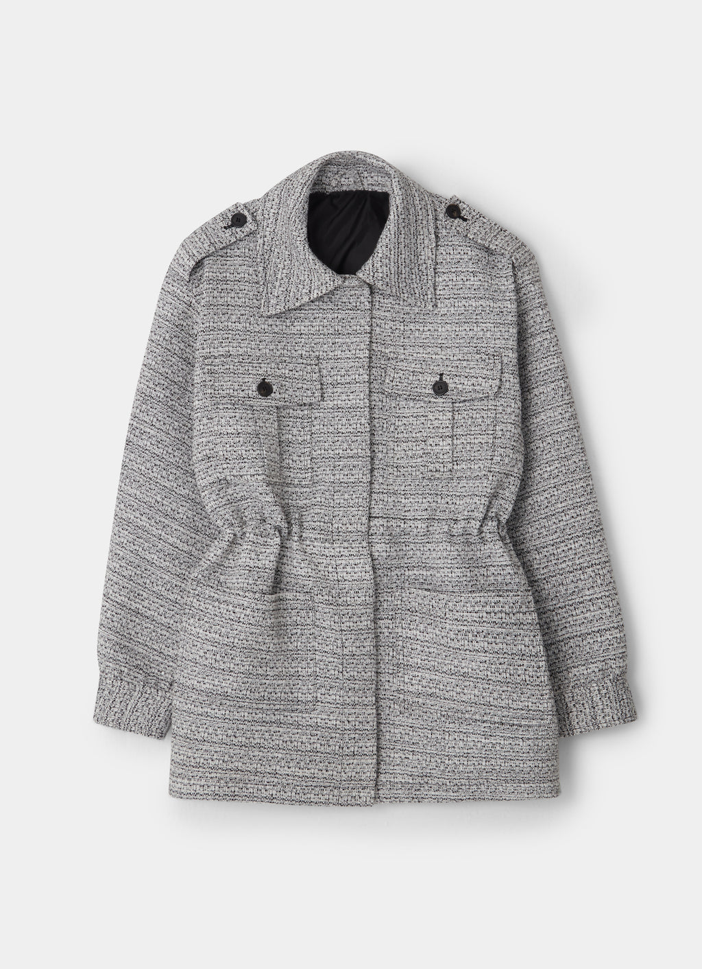 black and white tweed jacket with drawstring front