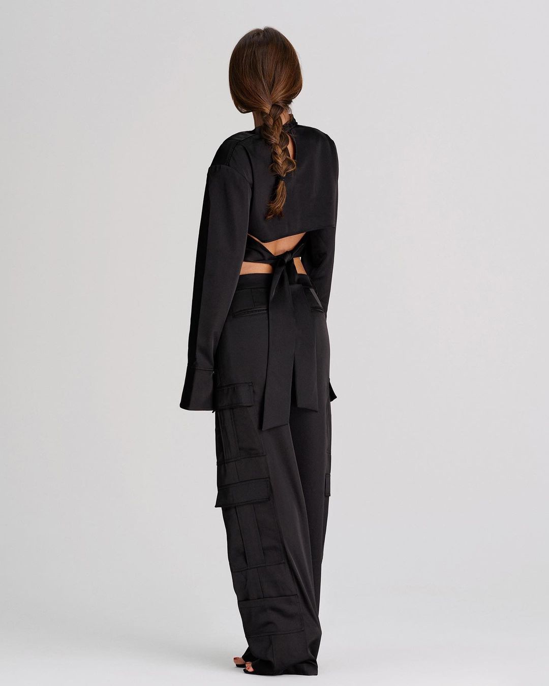 women black satin set cargo pants draped top