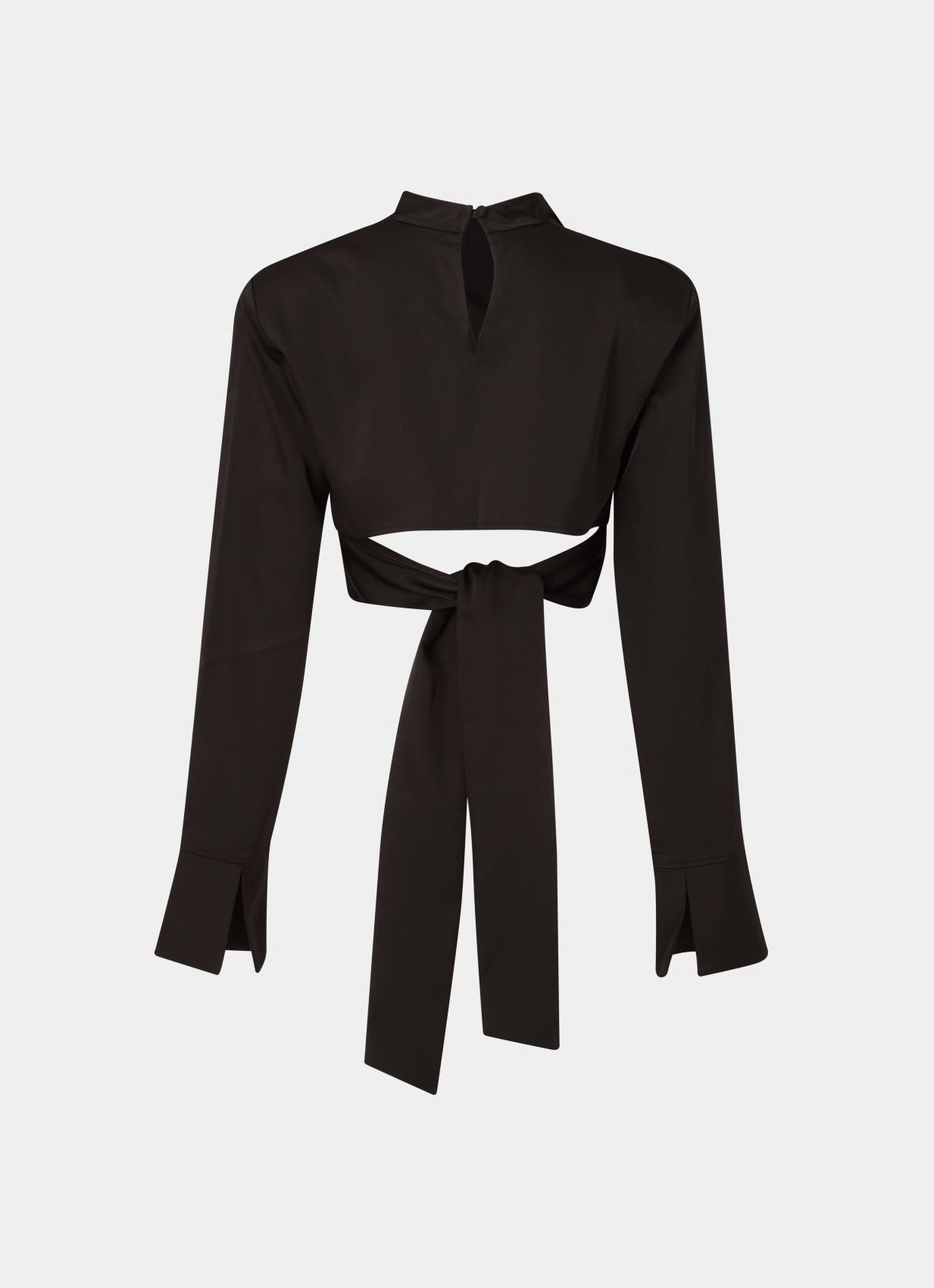 cloeys black satin draped top cropped wraparound long sleeves bell cuffs
